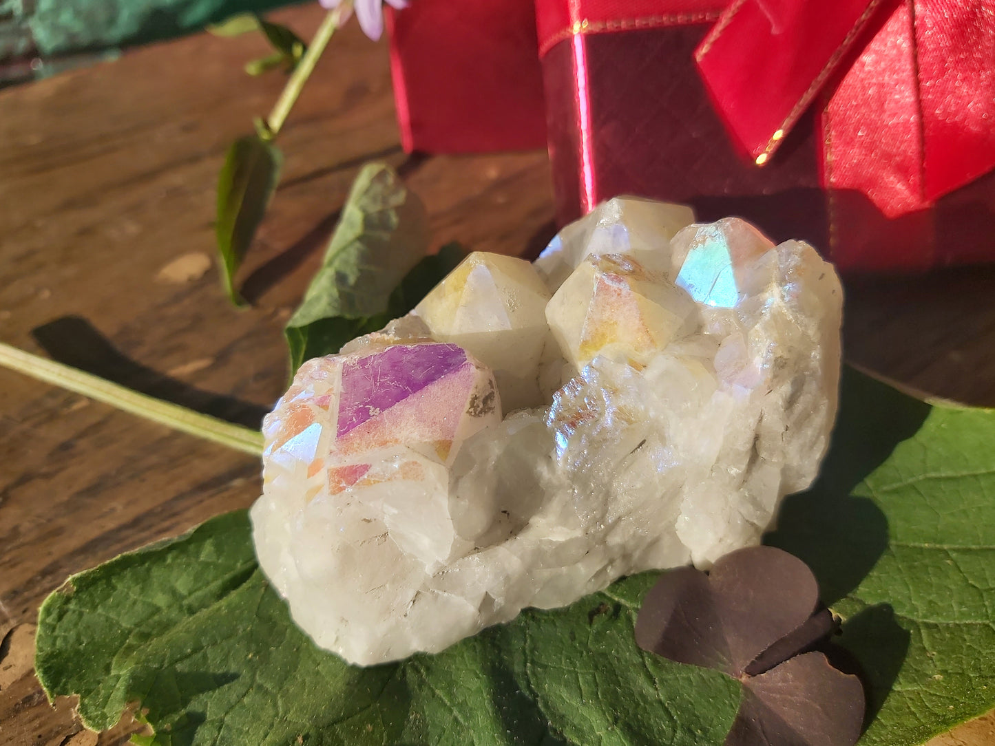 White, aura, quartz, cluster, aura quartz, quartz cluster, titanium, milky, free form, raw, coated, statement, crystal gemstone, Canada, Ontario, Canadian, gift shop, gifts, gift, giftshop, gifts for witches, for a witch 0