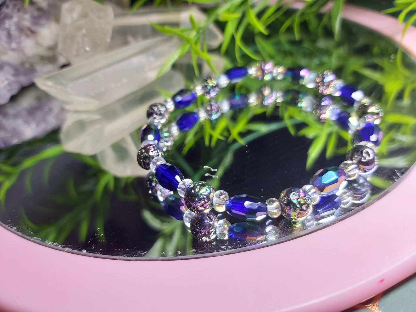 Blue, lava stone, bracelet, stretch, Canada, gift, shop, handmade, titanium, crystal, glass