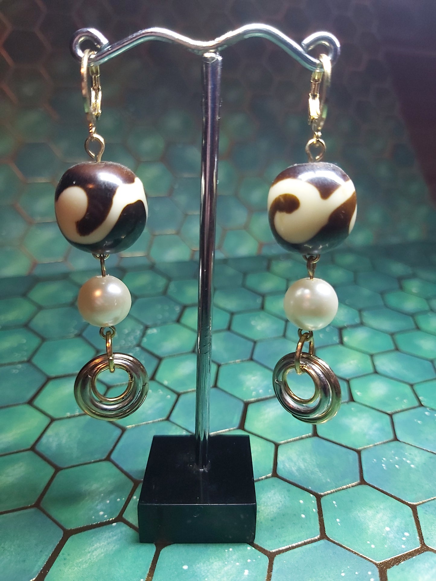 18k Gold Earrings, print, boho print, pearl, Hoops, Earrings, 18k, gold, stainless steel, stainless, steel, hand, made, handmade, golden, unique, Canada, Canadian, Thunder Bay, tbay, artist, skelle