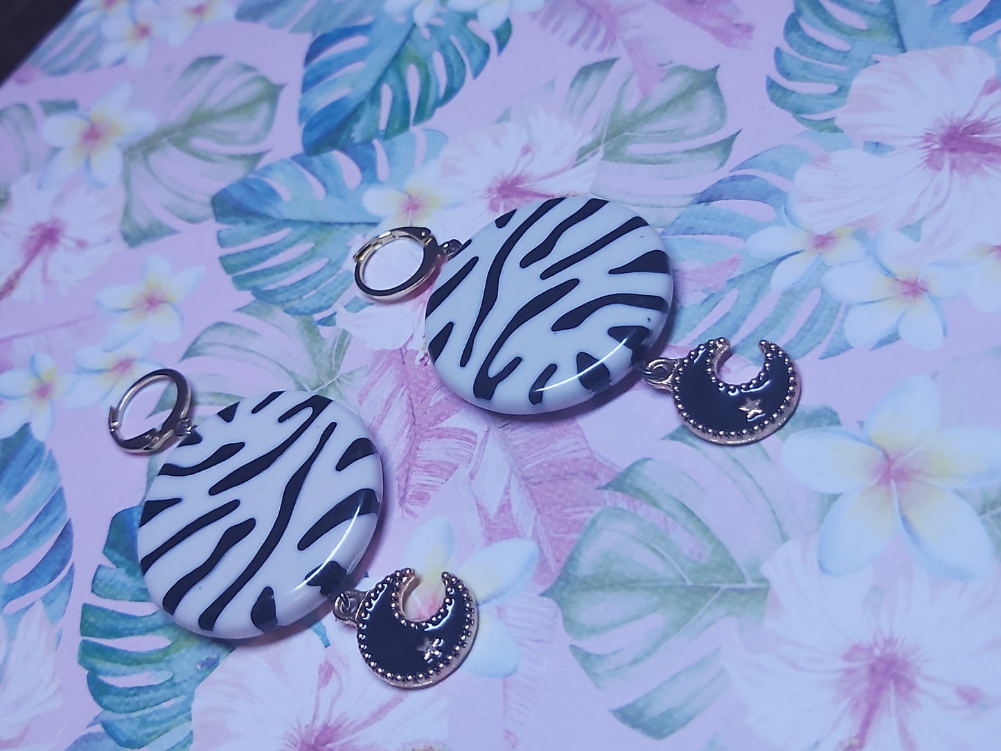 18k Gold Earrings, zebra, animal print, moon, star, Earrings, 18k, gold, stainless steel, stainless, steel, hand, made, handmade, golden, unique, Canada, Canadian, Thunder Bay, tbay, artist, skelle