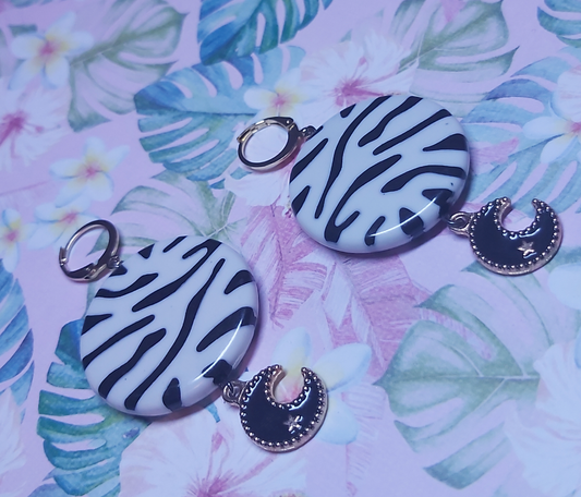 18k Gold Earrings, zebra, animal print, moon, star, Earrings, 18k, gold, stainless steel, stainless, steel, hand, made, handmade, golden, unique, Canada, Canadian, Thunder Bay, tbay, artist, skelle