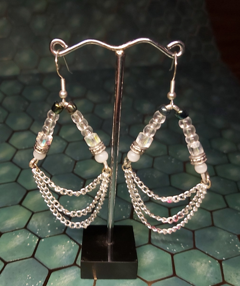 Sterling, silver, earrings, sterling silver, boho, black, white, dangle earrings, event  jewlery, gift, shop, gifts, giftshop, Thunder Bay, artfelt, art, handmade, unique, Hooks, beautiful, unique, jewlery, 925  925silver, chains