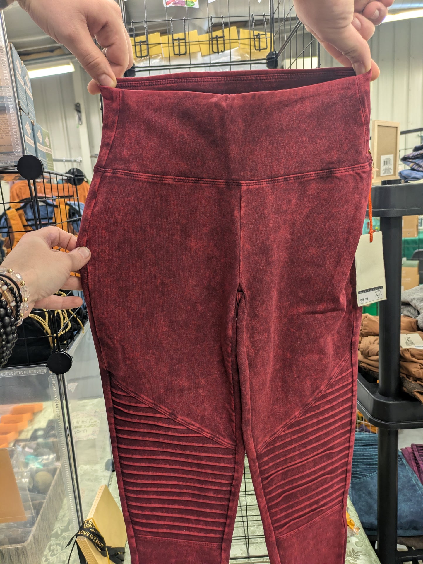 Red leggings held up in a store setting
Stone wash moto leggings Canada , Canadian boutique, leggings, shape wear, moto, Stonewash, gift shop, Canadian clothing shop, colorful leggings