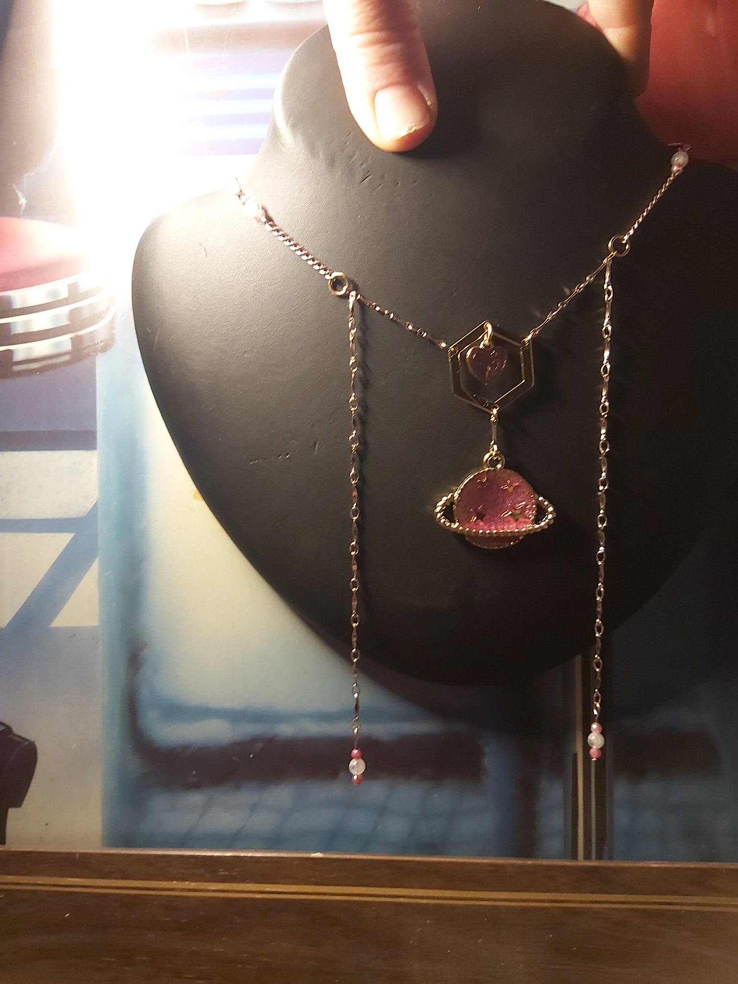 Pink Moonstone Space Planets Heart Necklace Jewlery Handmade Canada Canadian Made Northern Ontario Artisan Rose Gold Free Shipping