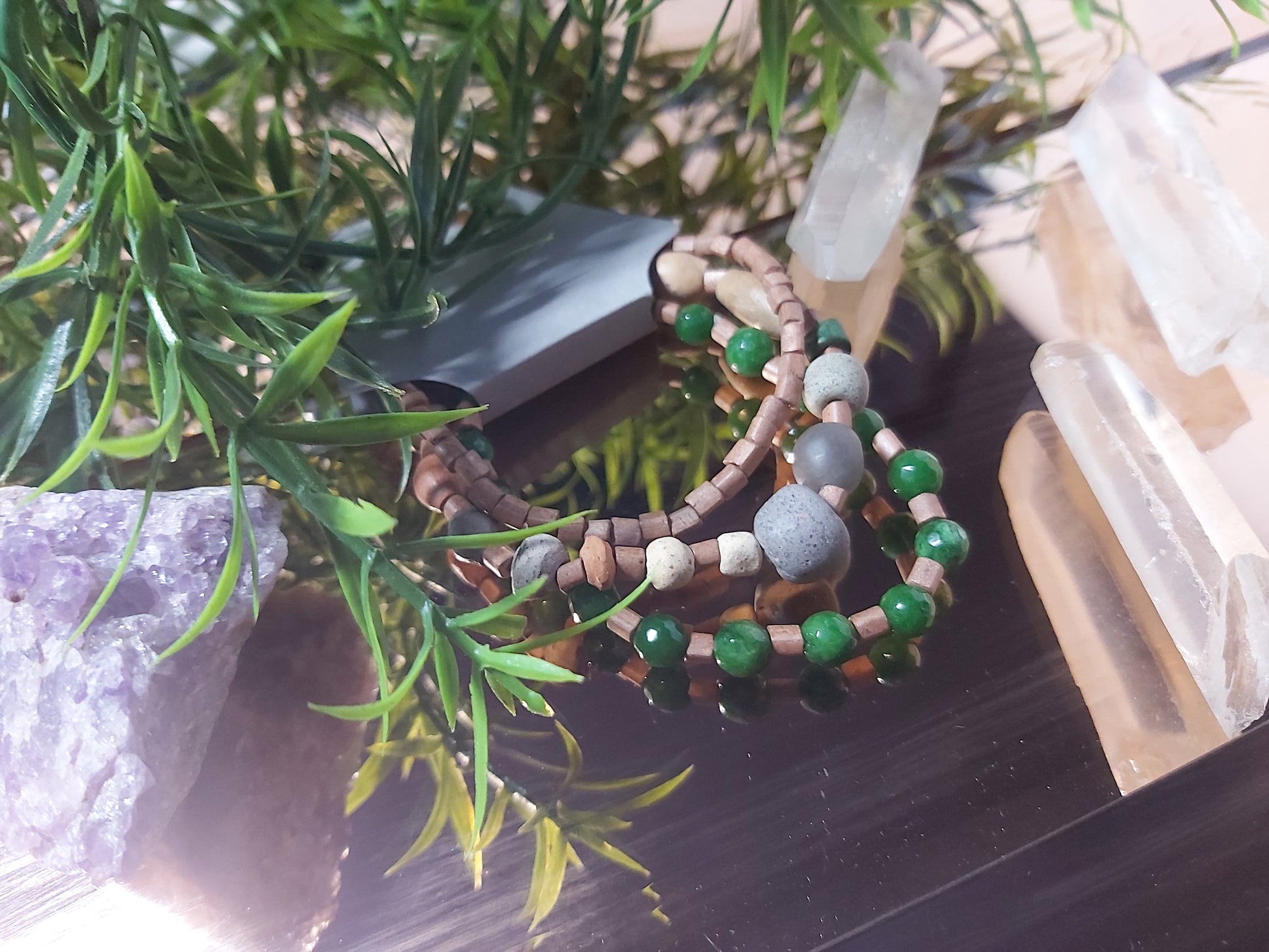 Bracelet, set, bracelet set, stone, wooden, seed, bead, bracelet, gifts, gift, shop, unique, handmade, hand, made, giftshop, Thunder Bay, thunderbay, Ontario, spirituality, spiritual, gift set, green, Grey, brown, beige