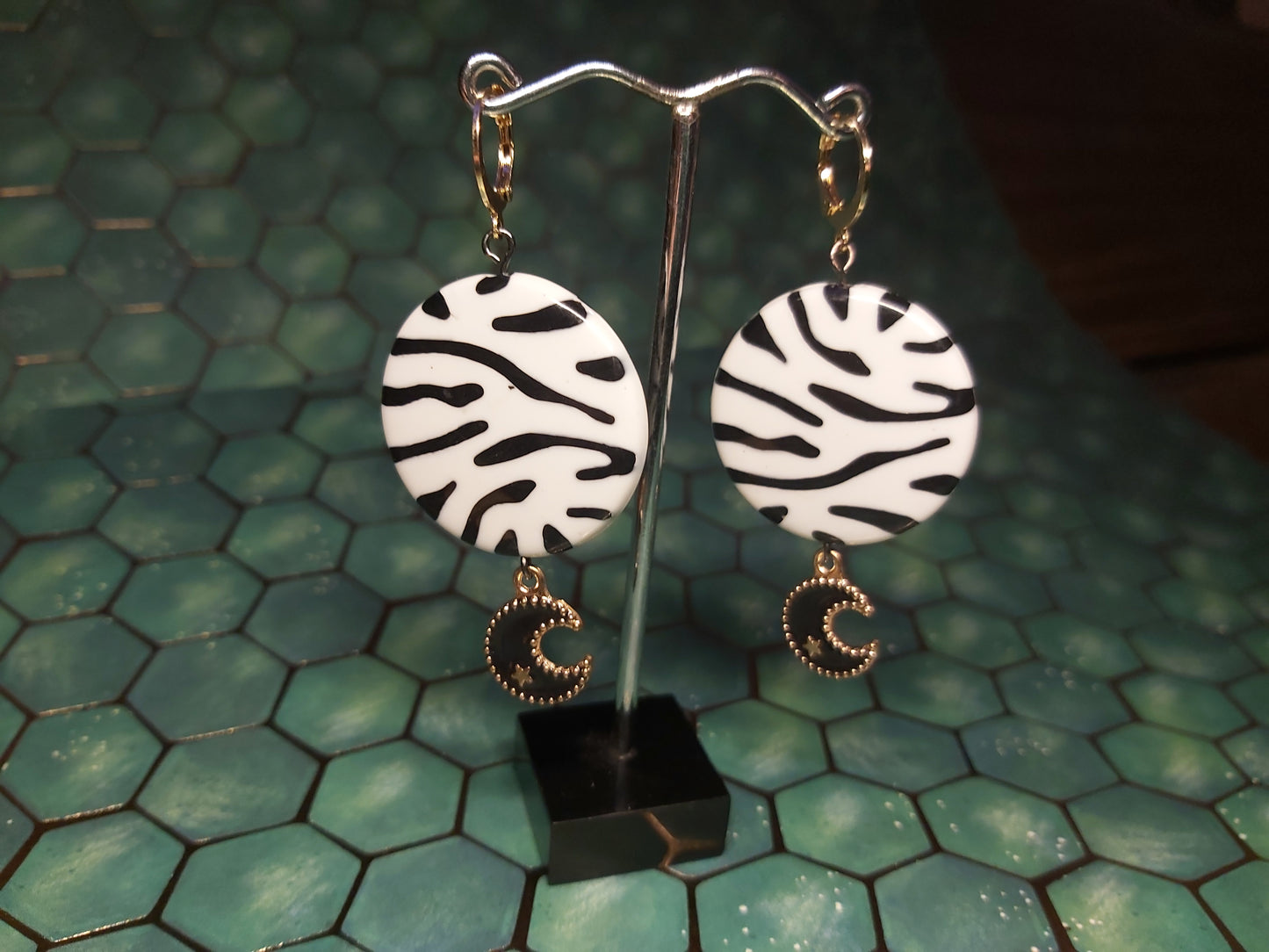 18k Gold Earrings, zebra, animal print, moon, star, Earrings, 18k, gold, stainless steel, stainless, steel, hand, made, handmade, golden, unique, Canada, Canadian, Thunder Bay, tbay, artist, skelle