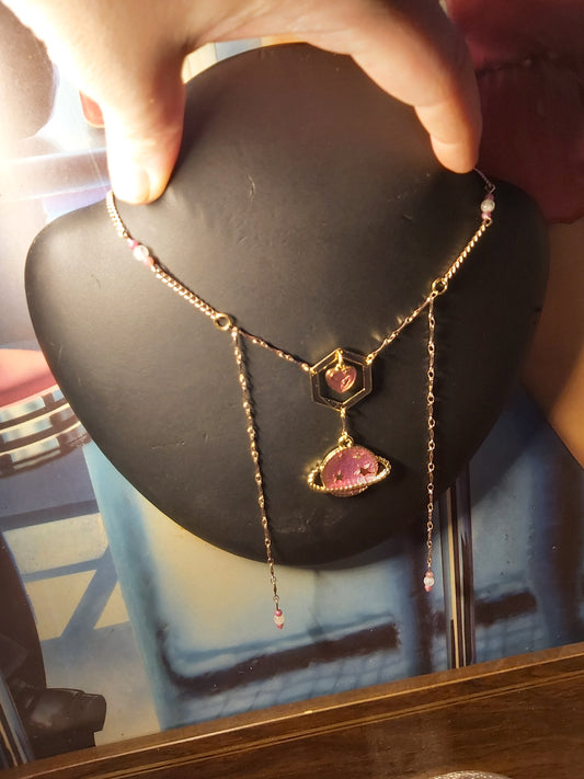 Pink Moonstone Space Planets Heart Necklace Jewlery Handmade Canada Canadian Made Northern Ontario Artisan Rose Gold Free Shipping