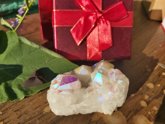 White, aura, quartz, cluster, aura quartz, quartz cluster, titanium, milky, free form, raw, coated, statement, crystal  gemstone, Canada, Ontario, Canadian, gift shop, gifts, gift, giftshop, gifts for witches,  for a witch 