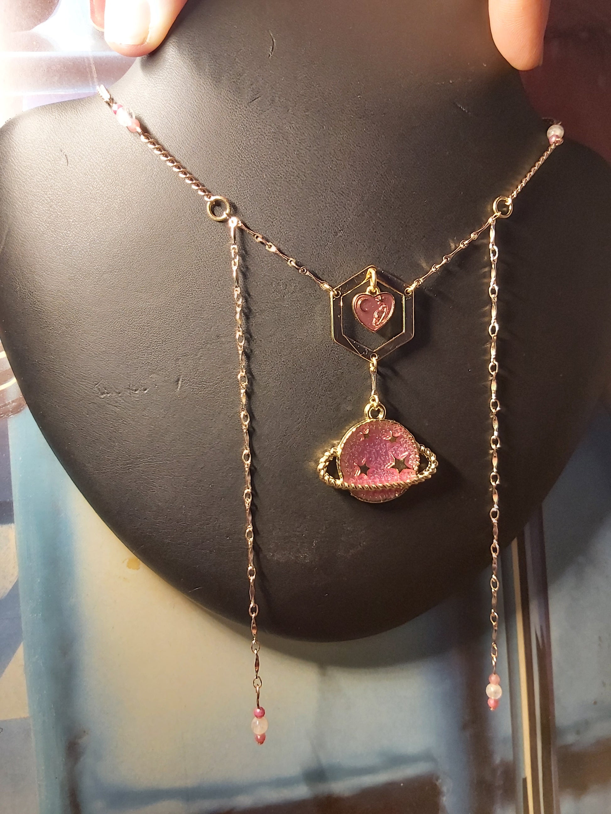 Pink Moonstone Space Planets Heart Necklace Jewlery Handmade Canada Canadian Made Northern Ontario Artisan Rose Gold Free Shipping