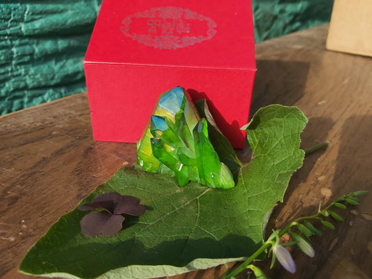 Green aura quartz crystal , giftshop  gifts , cluster, gemstone, semiprecious, Canadian, Canada, Ontario, gifts,  birthday, witch, for her, for him, for kids, for teens, quartz, yellow, titanium aura quartz, heart chakra